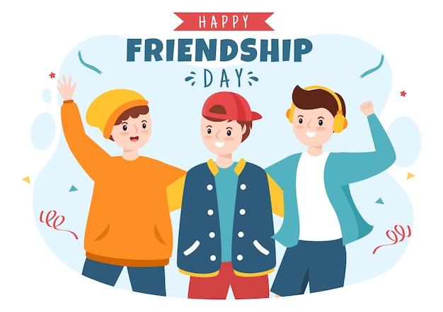 Happy Friendship Day Cute Cartoon Illustration with Young Boys and Girls