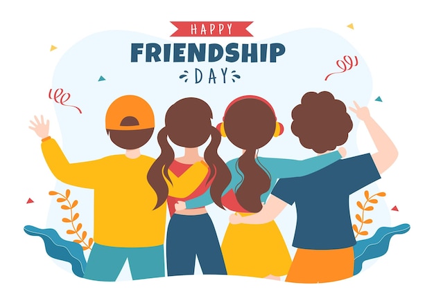 Happy Friendship Day Cute Cartoon Illustration with Young Boys and Girls