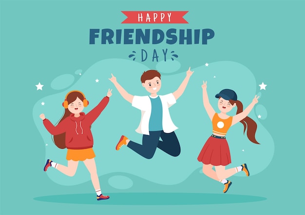 Happy Friendship Day Cute Cartoon Illustration with Young Boys and Girls