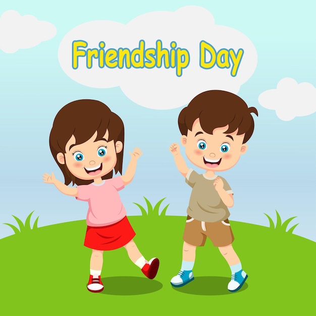 Happy Friendship Day Cute children cartoon in the grass