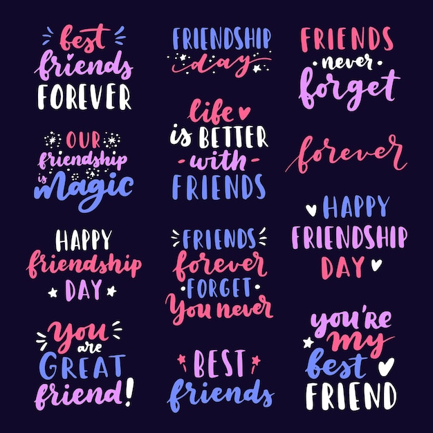 Happy Friendship Day cute hand lettering big set Best friends forever Greeting card typography template Modern calligraphy design elements quotes friend phrase