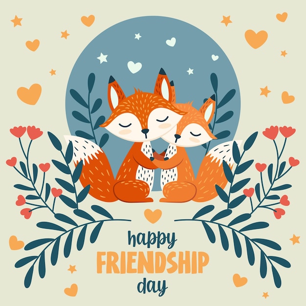 Vector happy friendship day cute illustration to celebrate friendship day two adorable foxes hugging