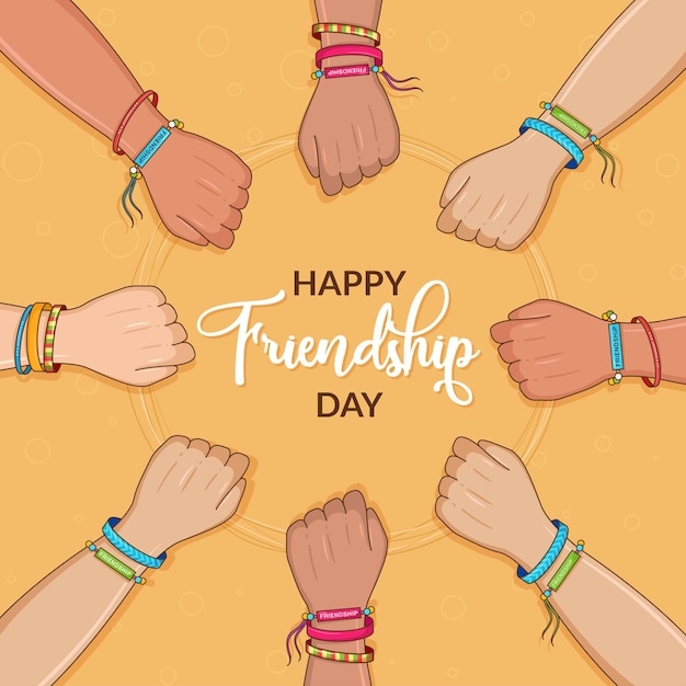 happy friendship day friends with stack of hands showing unity and teamwork top view people putting their hands together