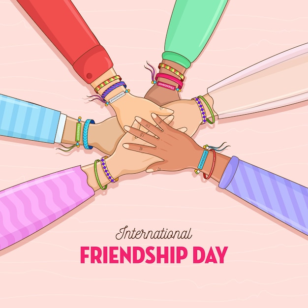 Vector happy friendship day friends with stack of hands showing unity and teamwork top view people putting their hands together