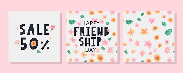 Happy Friendship Day greeting card, floral pattern  and sale discount set