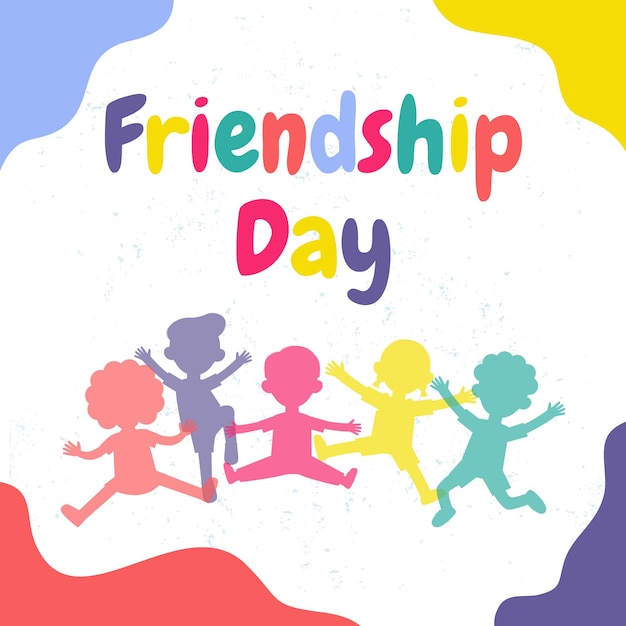 Happy friendship day greeting card with diverse friends Group of black children silhouette jumping