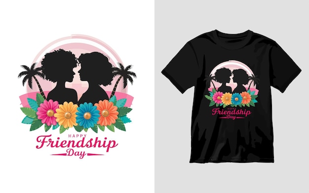 Happy Friendship Day with friend silhouette flower palm tree colorful alphabet for tshirt design