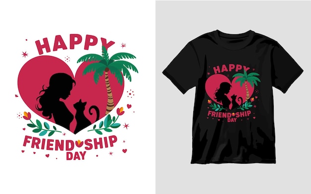 Happy Friendship Day with friend silhouette flower palm tree colorful alphabet for tshirt design