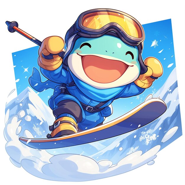 A happy frog ski instructor cartoon style