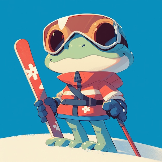 A happy frog ski instructor cartoon style