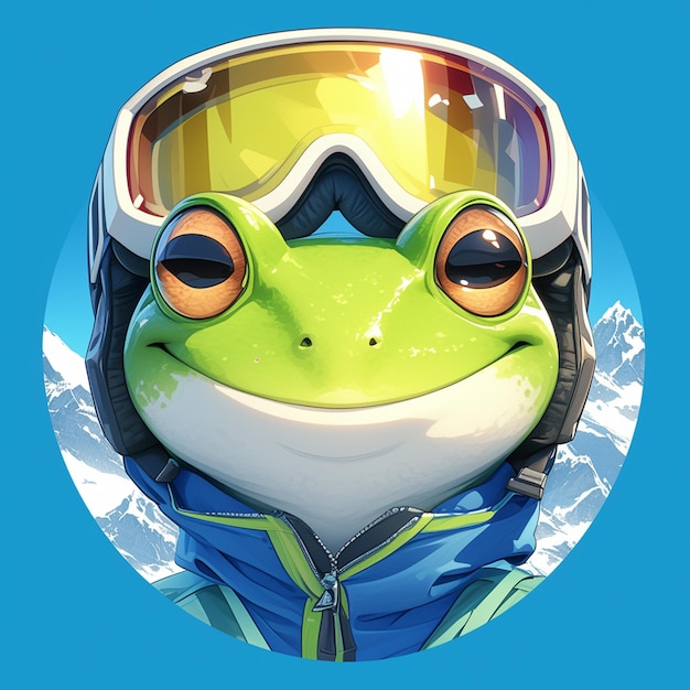 A happy frog ski instructor cartoon style