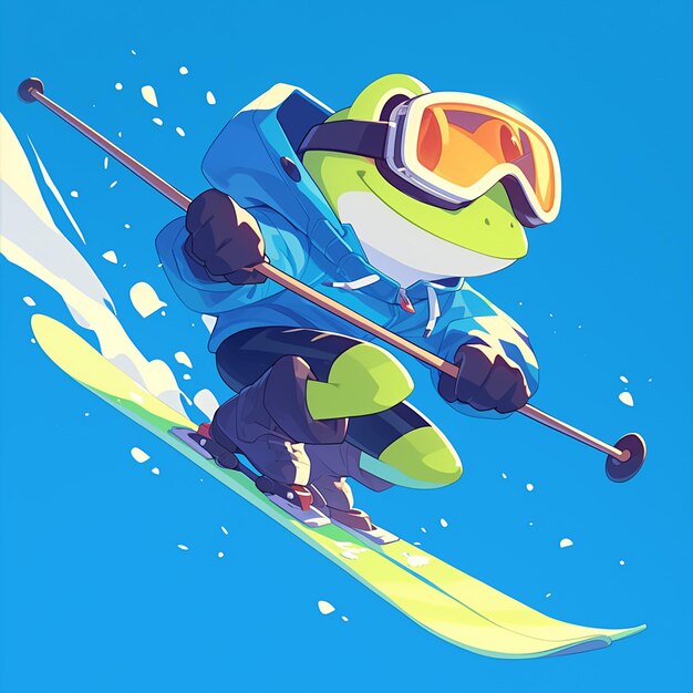 A happy frog ski instructor cartoon style