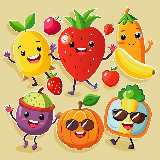 Vector happy fruits and vegetables characters with smiling faces