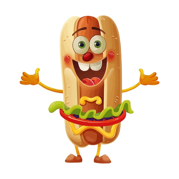 Vector a happy funny hot dog cartoon character with arms and legs on white background