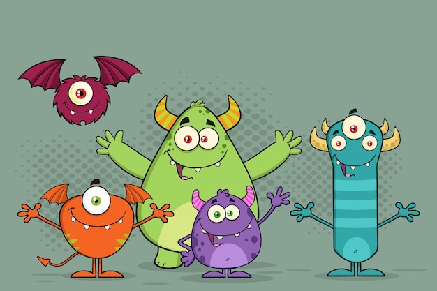 Happy Funny Monsters Cartoon Characters. Vector Illustration With Background