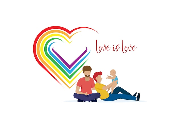 Happy gay couple holding adopted baby with love and LGBT rainbow color in heart shape LGBTQ family