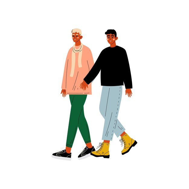 Happy Gay Male Couple Two Men Holding Hands Romantic Homosexual Relationship Vector Illustration on White Background