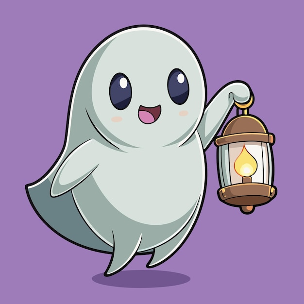 Vector happy ghost holding lantern light cartoon vector illustration