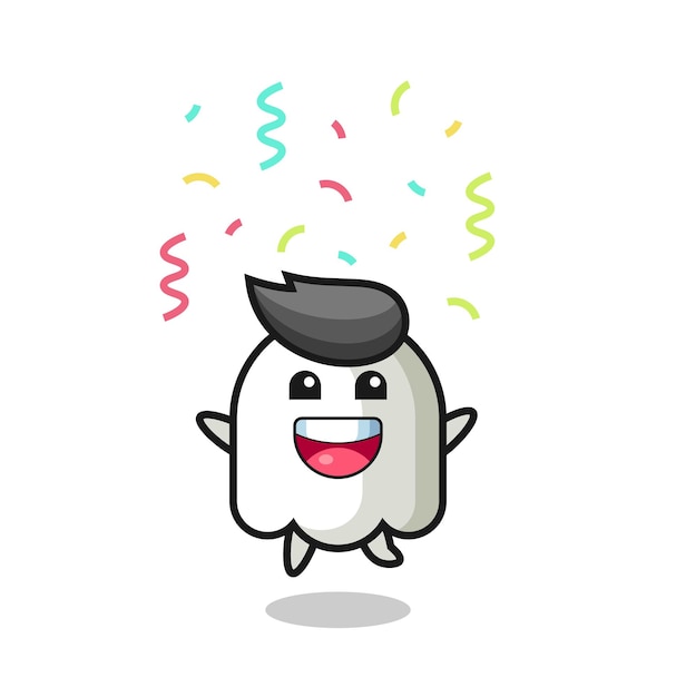 Happy ghost mascot jumping for congratulation with colour confetti