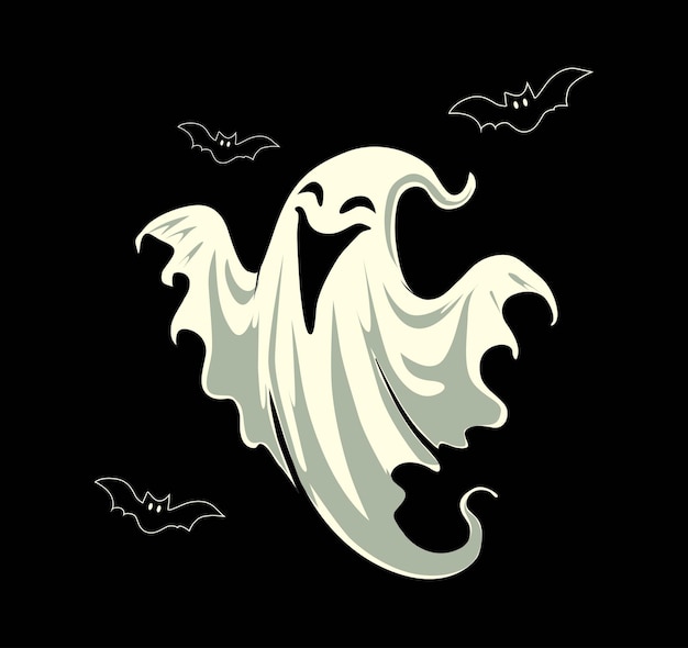 Vector happy ghost with flying bats halloween illustration