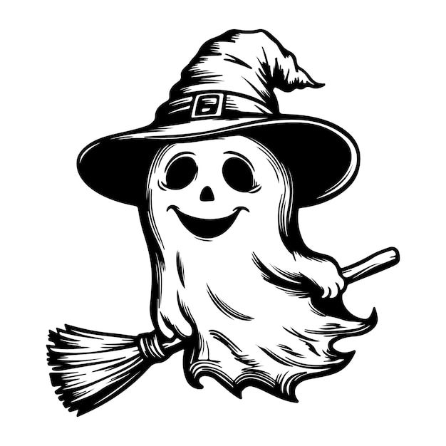 Happy Ghost with Witch Hat Riding a Broomstick Halloween Silhouette Illustration