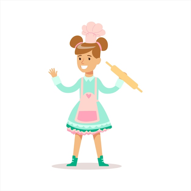 Happy Girl In Classic Girly Color Clothes Smiling Cartoon Character Cooking In Apron With Rolling Pin