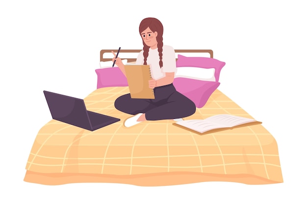 Happy girl doing home assignment with laptop in bed semi flat color vector character