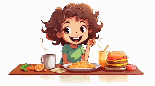 Vector happy girl eating breakfast vector illustration