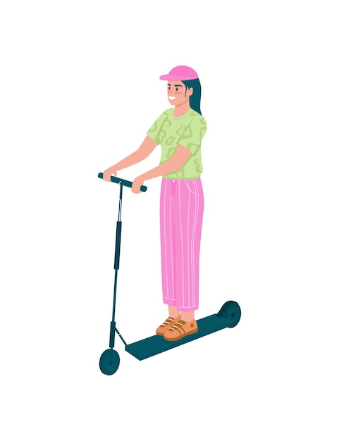 Happy girl on electric scooter flat detailed character. Woman riding on personal transport. Outdoor activity for spring isolated cartoon