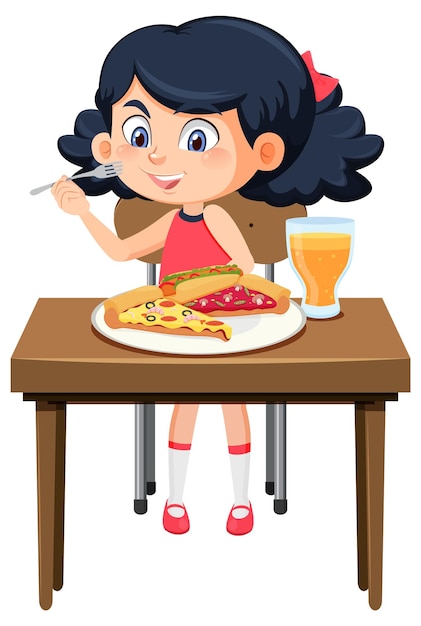 Happy girl enjoy eating food on table