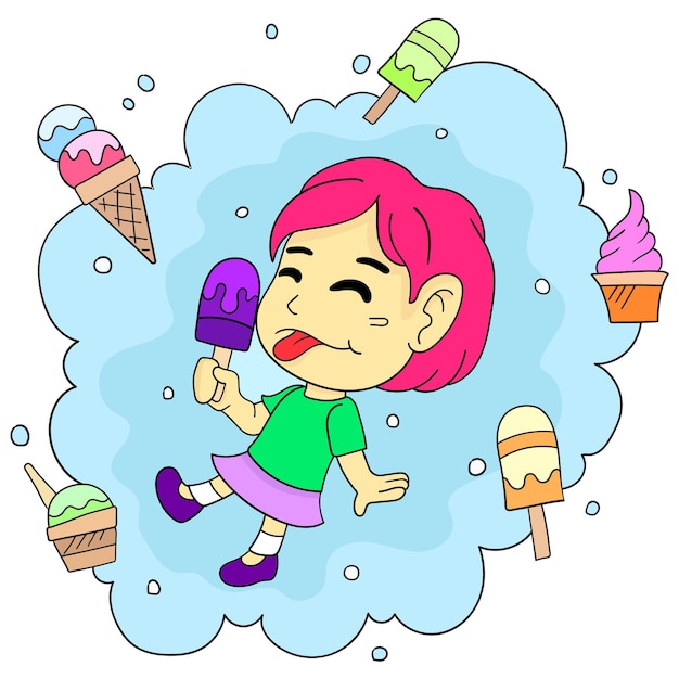 Happy girl enjoying ice cream. cartoon illustration cute little girl sticker