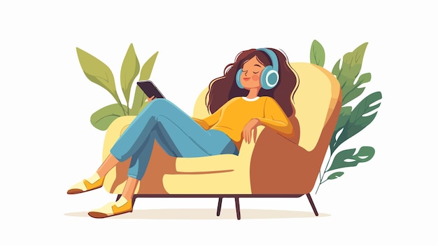 Vector happy girl enjoying music on sofa with headphones