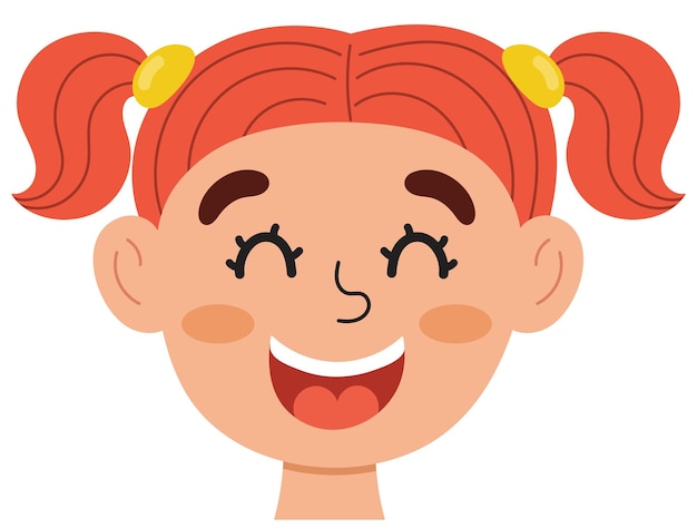 Happy girl face. Little kid smiling clipart. Excited emotion. Emotional expression head close-up