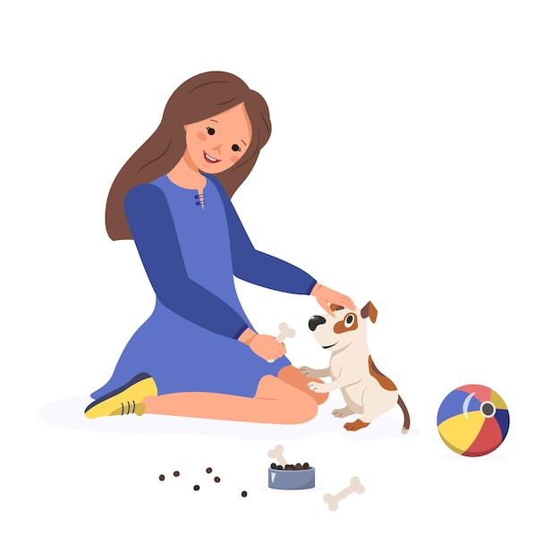 Happy girl gives a bone to a puppy. Child play with a dog. Taking care of pets by their owner. Vector flat illustration