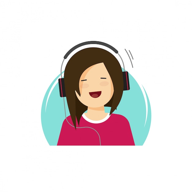 Happy girl in headphones listening music and smiling vector illustration in flat cartoon