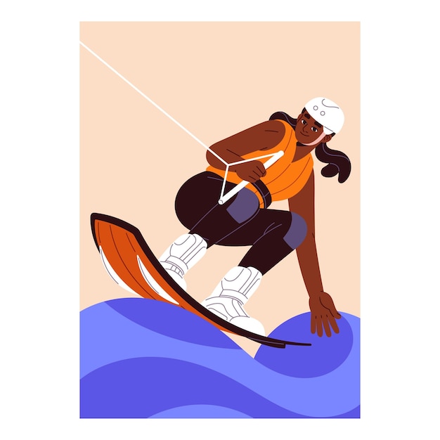 Happy girl holds rope rides on kitesurfing board on ocean waves Young woman in helmet wakeboarding kiteboarding Person goes extreme water sport does tricks stants Flat vector illustration