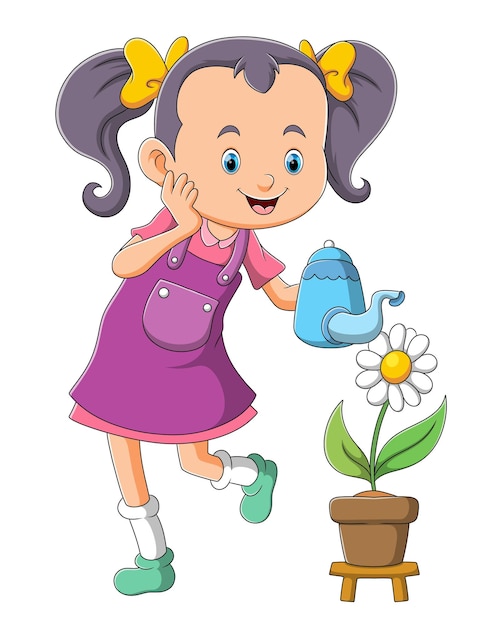 The happy girl is watering the flower in the morning of illustration