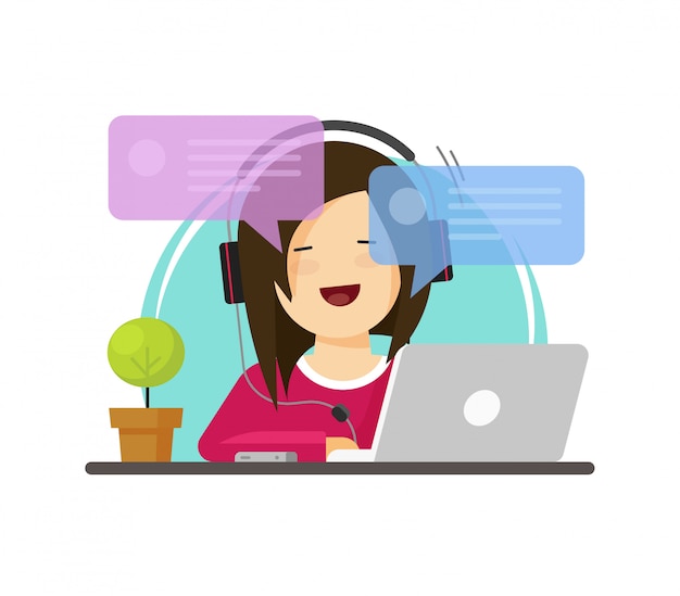 Happy girl person working on computer on work desk and chatting online font view vector in flat cartoon style