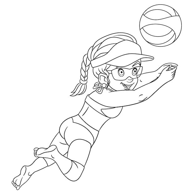 Vector happy girl playing beach volleyball. cartoon coloring book page for kids.