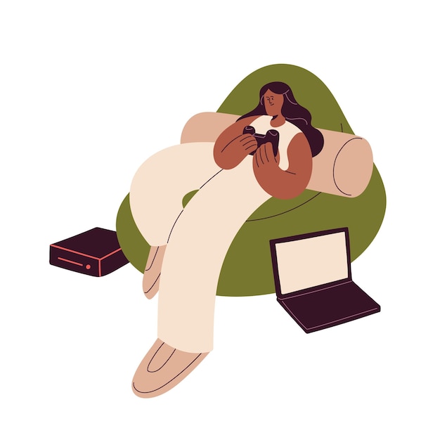 Happy girl playing console Young black woman relaxing in chair holding joystick for video game in hands Gamer player resting at leisure time Flat vector illustration isolated on white background