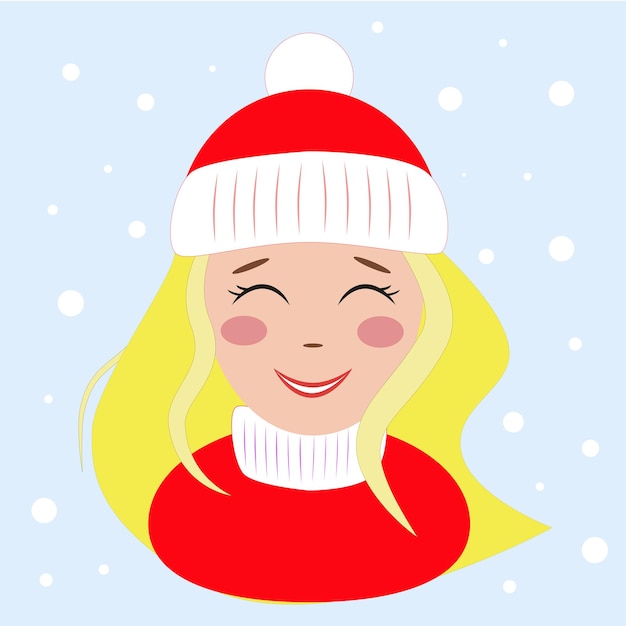 Happy girl in a red christmas hat portrait of a young blonde vector illustration in a flat style