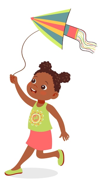 Happy girl running with kite Cartoon child playing