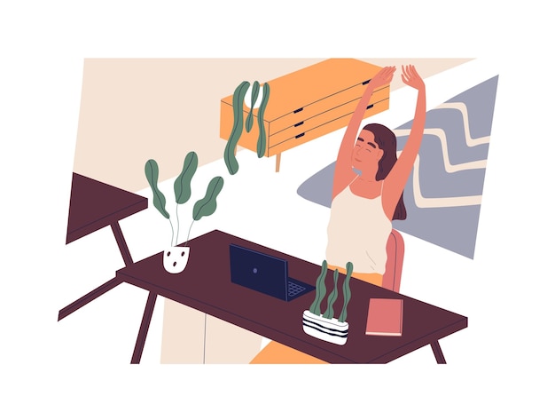 Happy girl sitting at desk with computer and stretching. Smiling woman employee or clerk at workplace in home. End of working day, task completion. Flat cartoon colorful vector illustration.