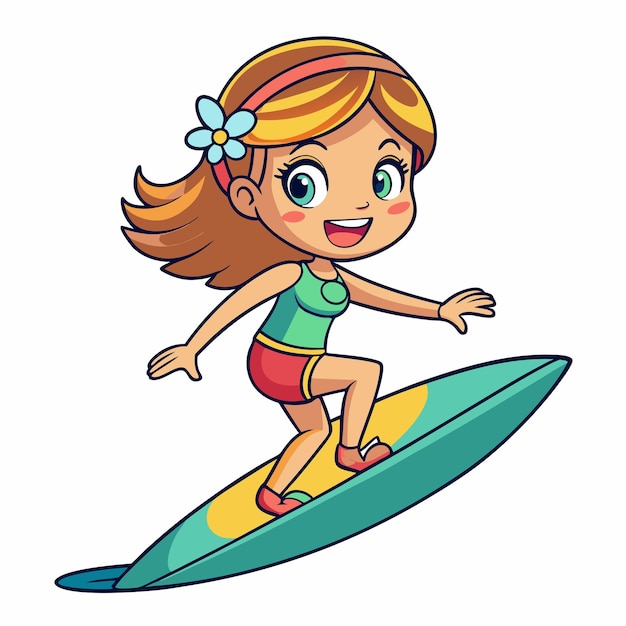 Vector happy girl on surfboard cartoon logo