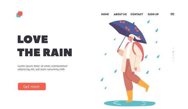 Happy Girl Walk under Umbrella at Rain Landing Page Template Female Character in Warm Clothes and Rubber Boots