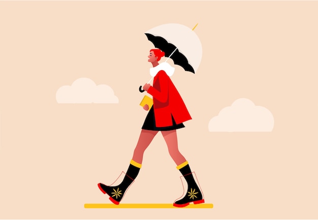 Happy girl walking in the rain. Modern flat concept illustration of a young fashionable woman