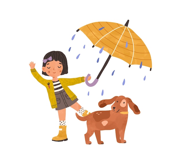 Happy girl walking with cute dog under umbrella, enjoying rain. Kid in gumboots playing or dancing outdoor in rainy weather. Colored flat graphic vector illustration isolated on white background.