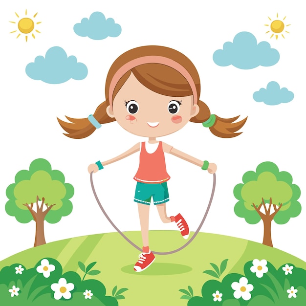 Vector a happy girl with pigtails is jumping rope in a park with trees and flowers