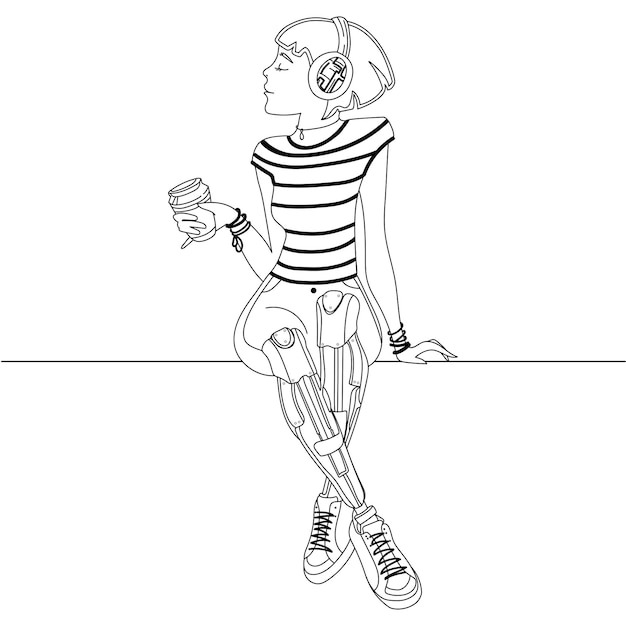 Happy girl with prosthetic legs drinking coffee and enjoying life Line art  vector.disabled people.