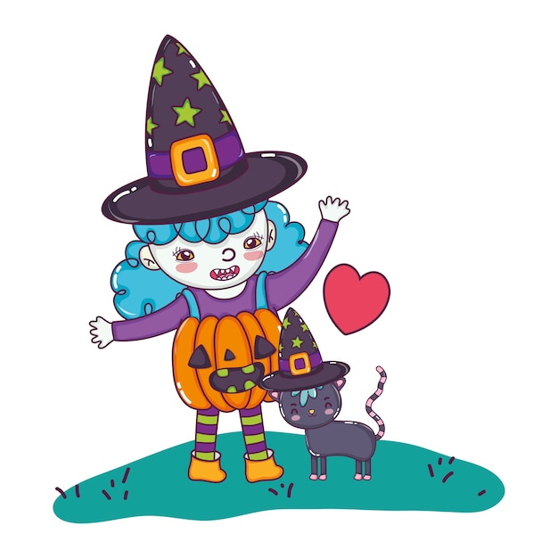 Happy girl with pumpkin costume and cat